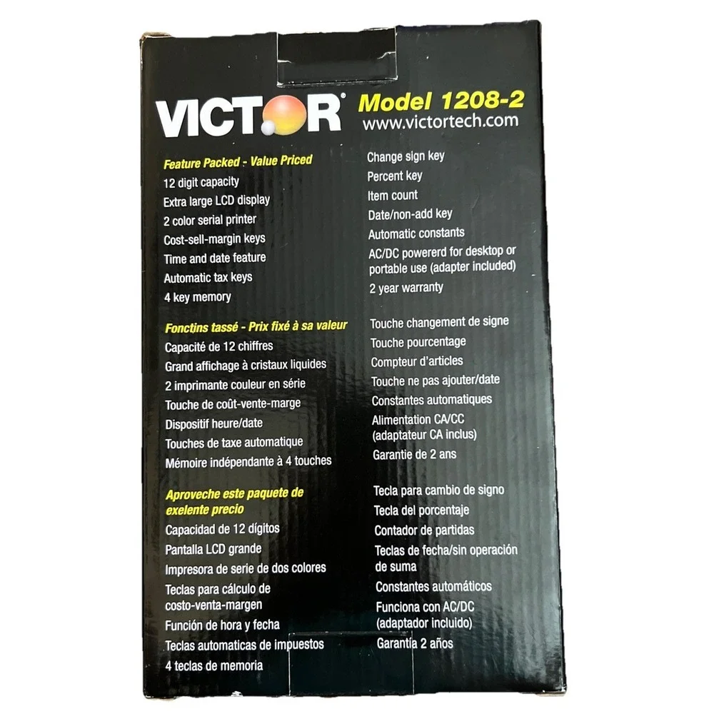 Victor 1208-2 Printing Calculator, 2-Color Black/Red Print, Manual & Adapter NIB